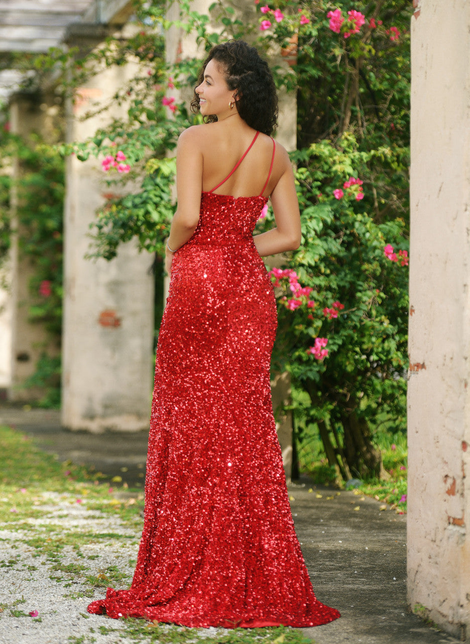 Stardust One Shoulder Sequin Slit Detail Formal Gown (Red)