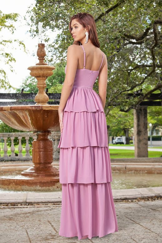 The Miriam Fit & Flare Tiered Slit Detail Maxi Dress (Mauve)