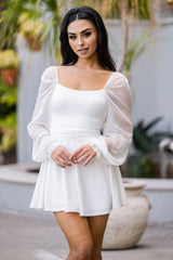 Vera Sheer Puff Sleeve Two Way Cocktail Mini Dress (White) - treasures-4-u-2-day