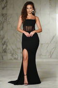 The Naomi Ribbed Corset Slit Detail Formal Gown (Black)