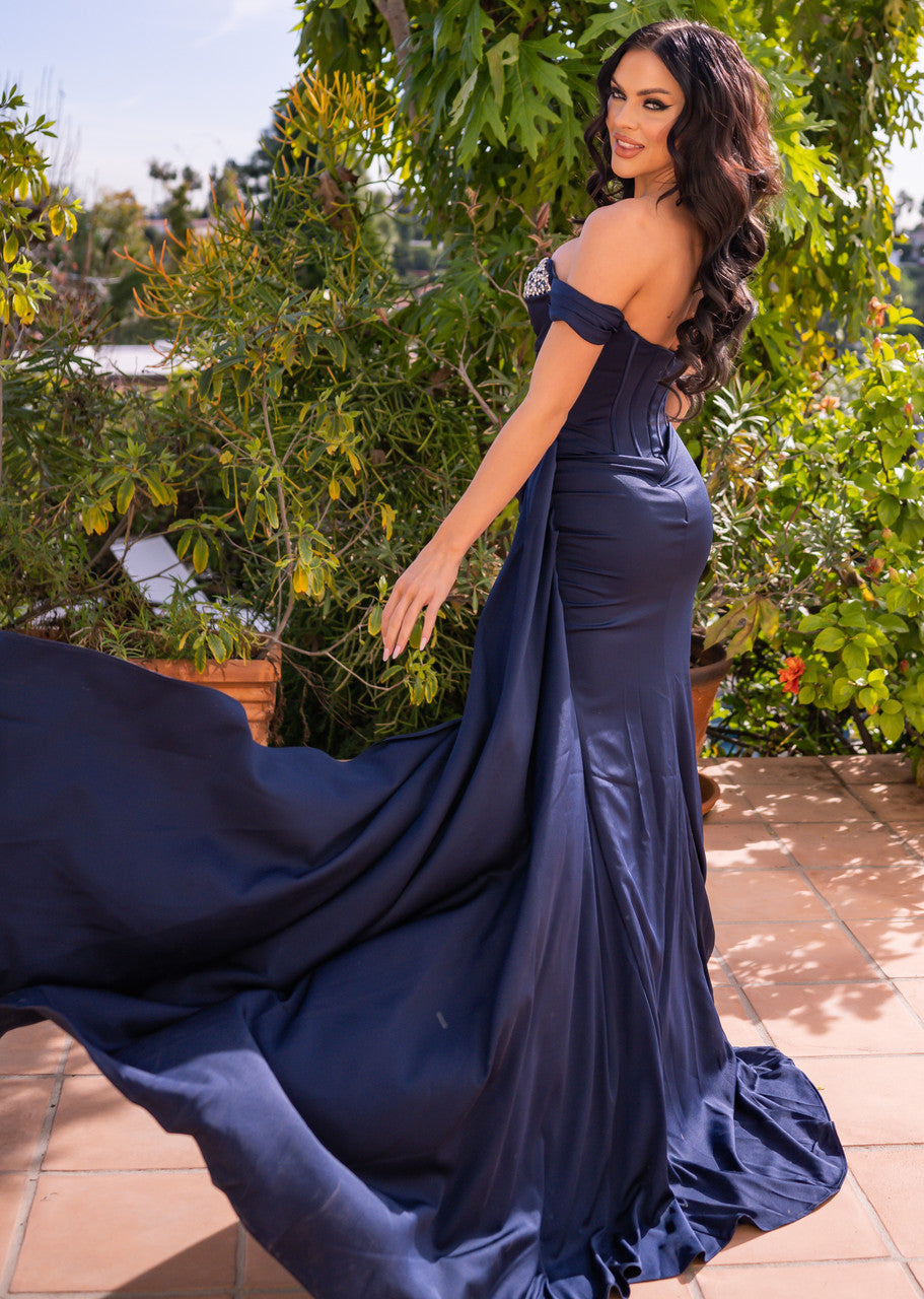 Katrina Off-The-Shoulder Sequin Sweetheart Formal Gwn (Navy)