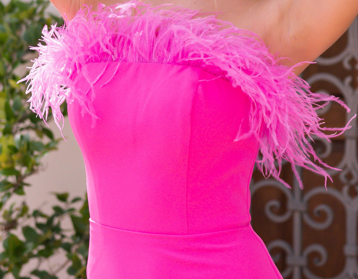 The Sochi Feather Trim Bodice Strapless Maxi Dress (Hot Pnk)