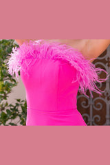 The Sochi Feather Trim Bodice Strapless Maxi Dress (Hot Pnk) - treasures-4-u-2-day