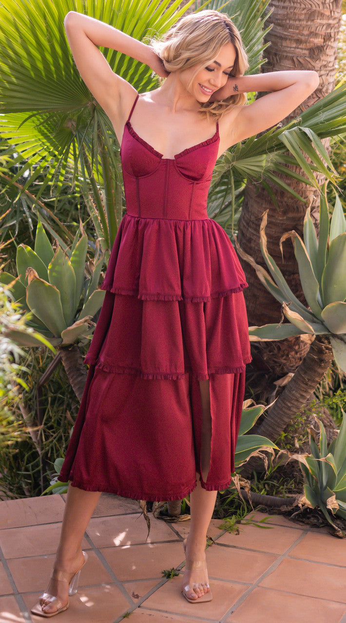 The Maeve Lace-Up Corset Tiered Satin Skirt Midi Dress (Brg)