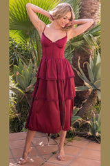 The Maeve Lace-Up Corset Tiered Satin Skirt Midi Dress (Brg) - treasures-4-u-2-day