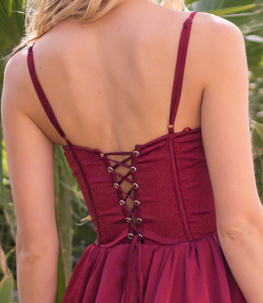 The Maeve Lace-Up Corset Tiered Satin Skirt Midi Dress (Brg)