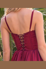 The Maeve Lace-Up Corset Tiered Satin Skirt Midi Dress (Brg) - treasures-4-u-2-day