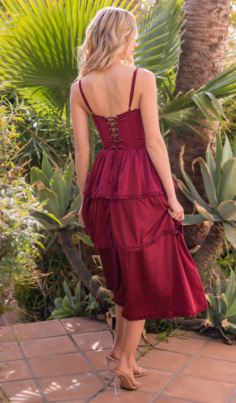 The Maeve Lace-Up Corset Tiered Satin Skirt Midi Dress (Brg)