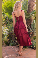 The Maeve Lace-Up Corset Tiered Satin Skirt Midi Dress (Brg) - treasures-4-u-2-day