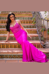 Rylie Embroidered Bodice Lace Bralette Neck Gown (Fuchsia) - treasures-4-u-2-day