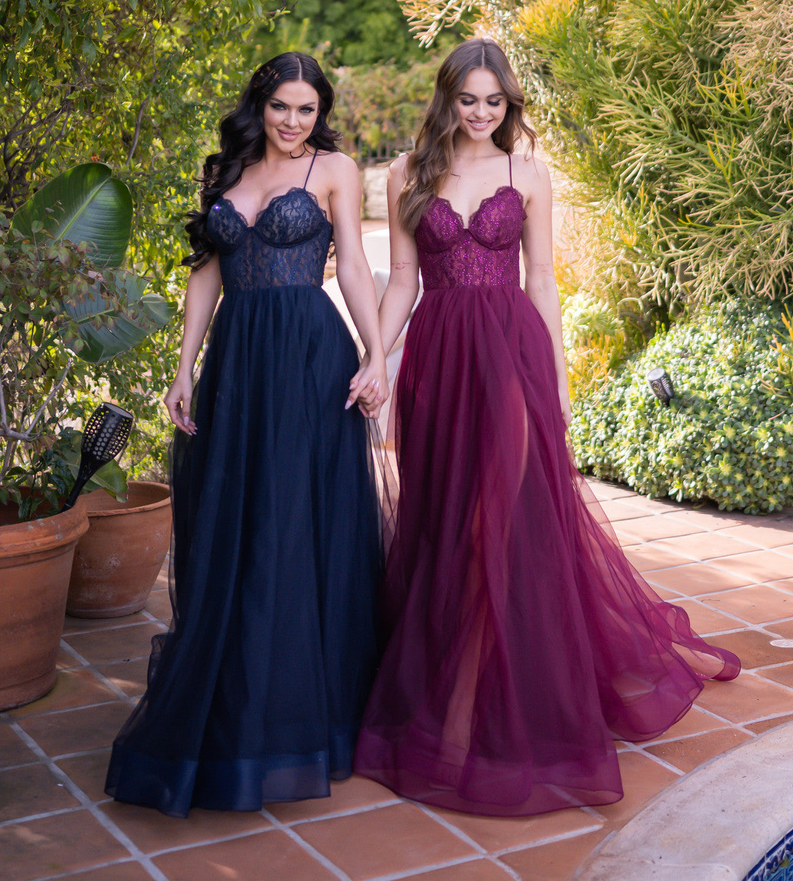 The Dani A-Line Sheer Bralette-Style Lace Bodice Gown (Navy)