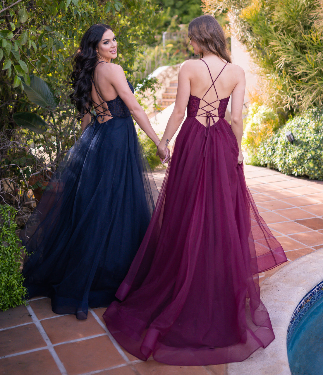 The Dani A-Line Sheer Bralette-Style Lace Bodice Gown (Navy)