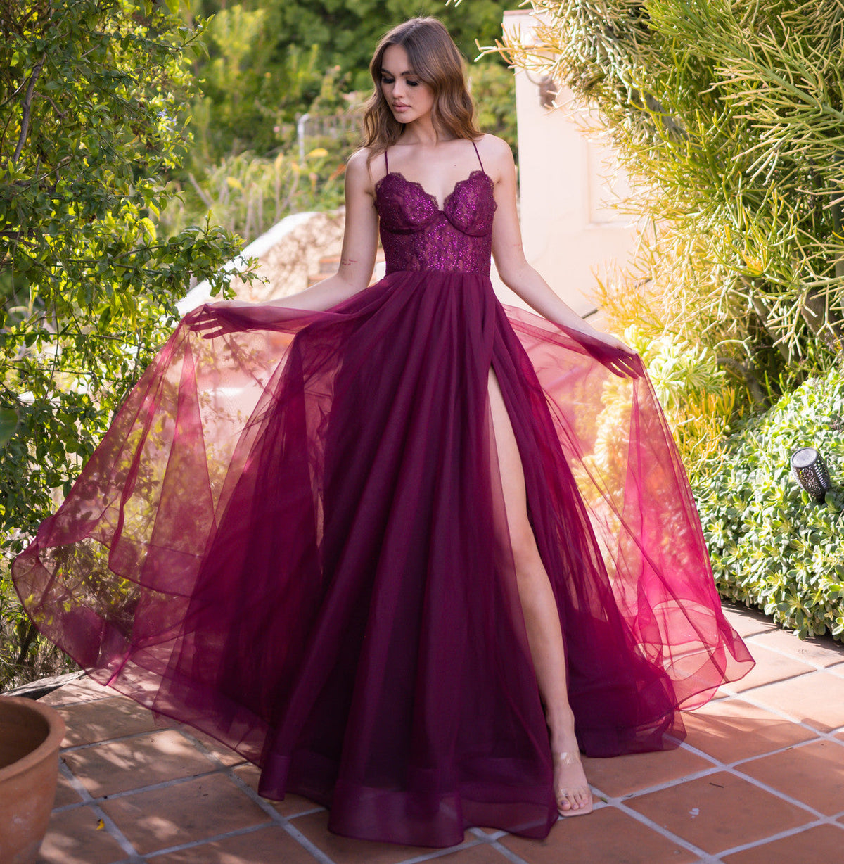 The Dani Tulle A-Line Lace-Up Jeweled Gown (Mulberry)