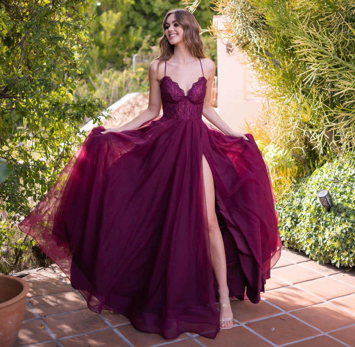 The Dani Tulle A-Line Lace-Up Jeweled Gown (Mulberry)