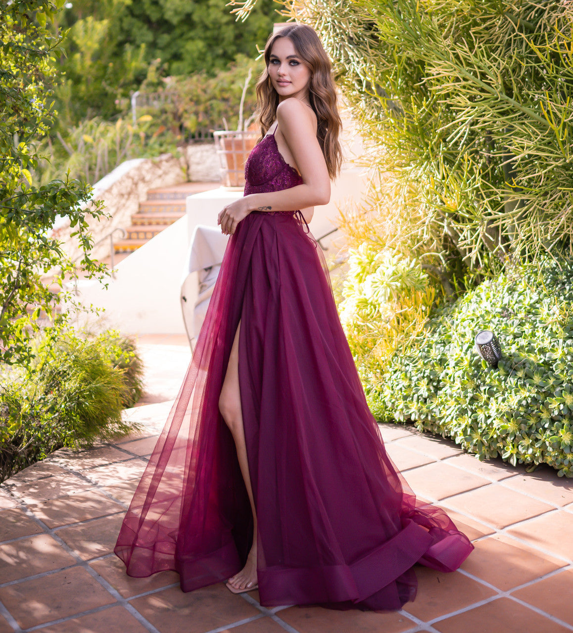 The Dani Tulle A-Line Lace-Up Jeweled Gown (Mulberry)