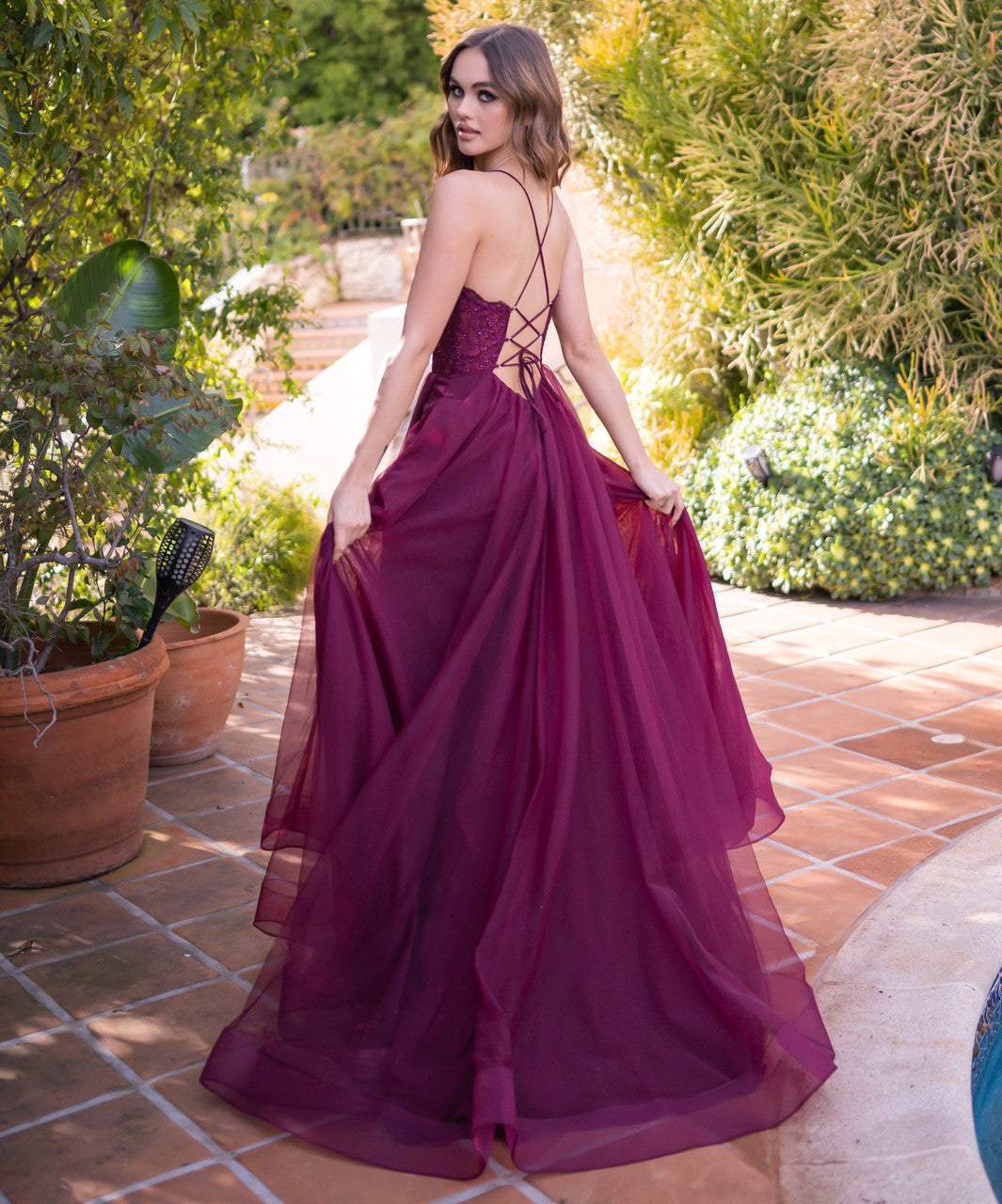 The Dani Tulle A-Line Lace-Up Jeweled Gown (Mulberry)
