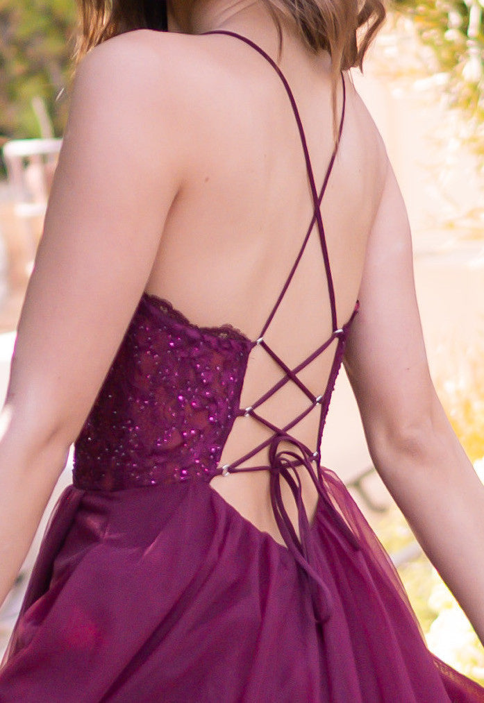 The Dani Tulle A-Line Lace-Up Jeweled Gown (Mulberry)