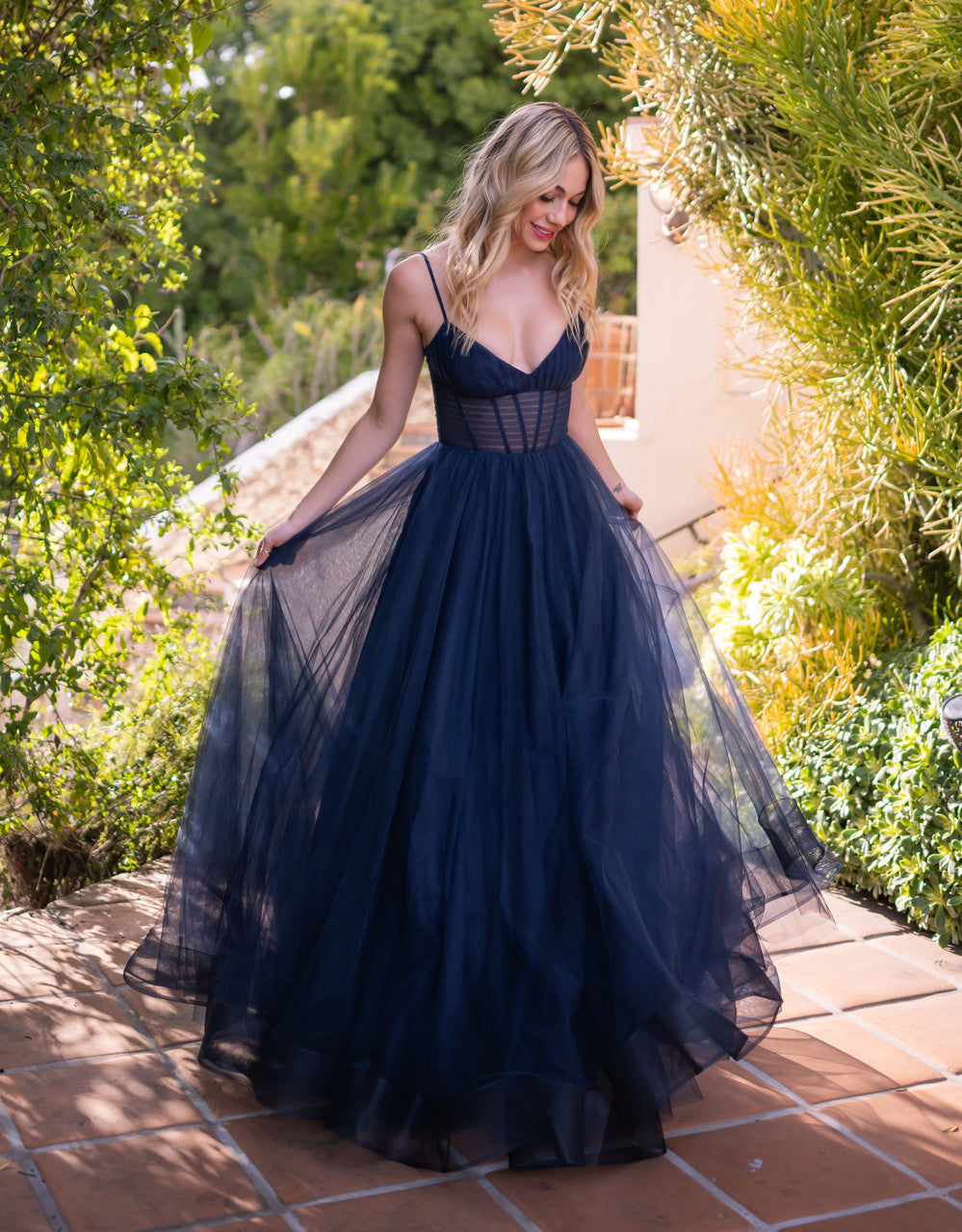 The Yasmin Boning Bodice A-Line Tulle Formal Gown (Navy)