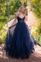 The Yasmin Boning Bodice A-Line Tulle Formal Gown (Navy) - treasures-4-u-2-day