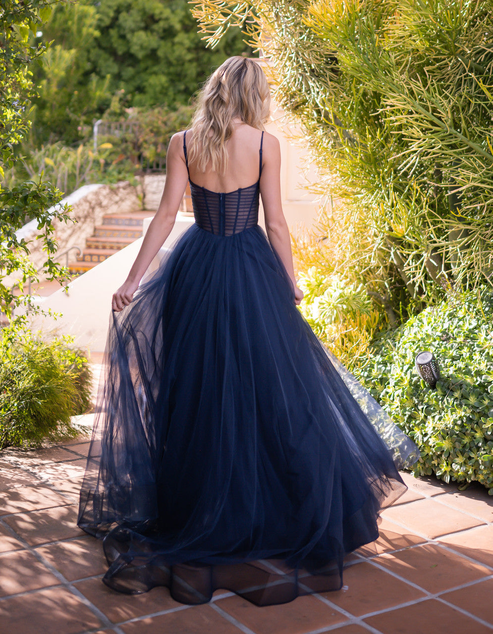 The Yasmin Boning Bodice A-Line Tulle Formal Gown (Navy)