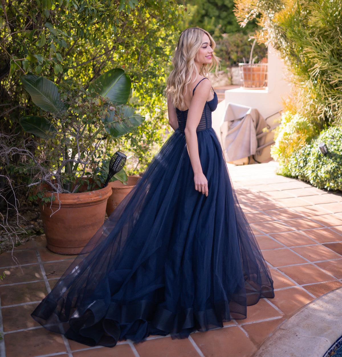 The Yasmin Boning Bodice A-Line Tulle Formal Gown (Navy)