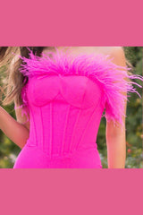 Sloane Feather Boa Corset Bodice Slit Detail Gown (Hot Pink) - treasures-4-u-2-day