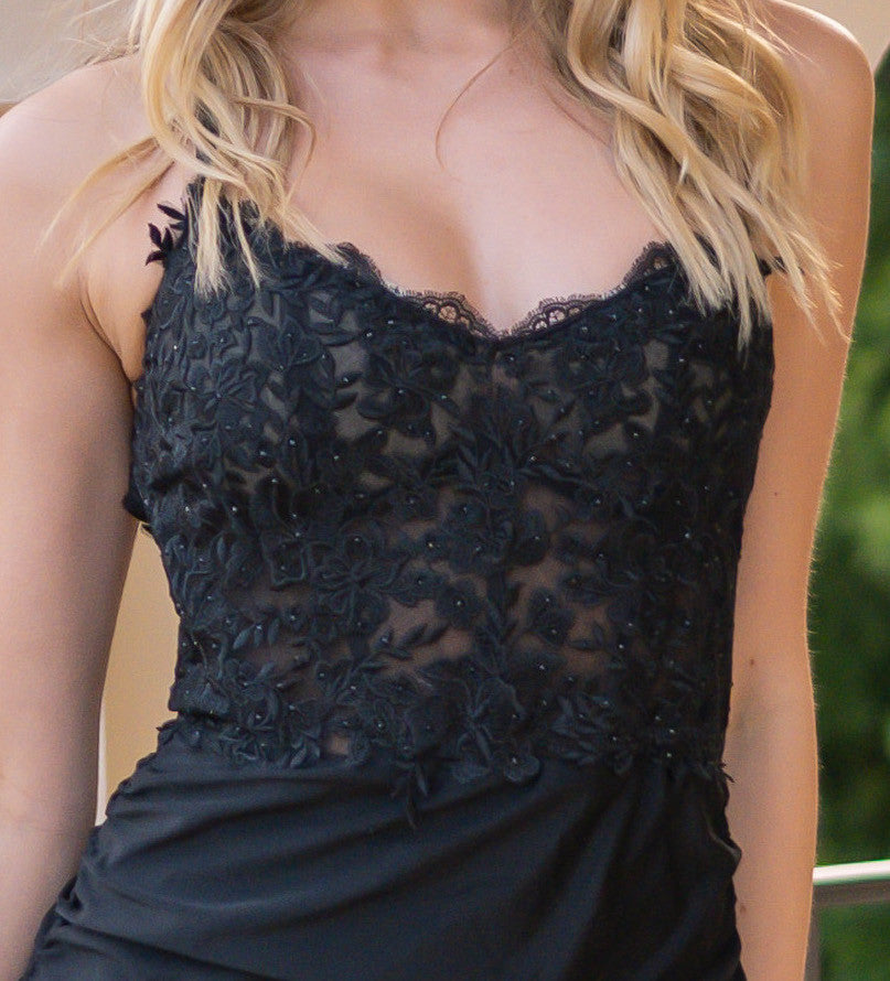 Rylie Lace Bralette Jewels Bespangled Ruched Gown (Black)