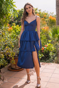 The Maeve Lace-Up Corset Tiered Slit Skirt Midi Dress (Navy)