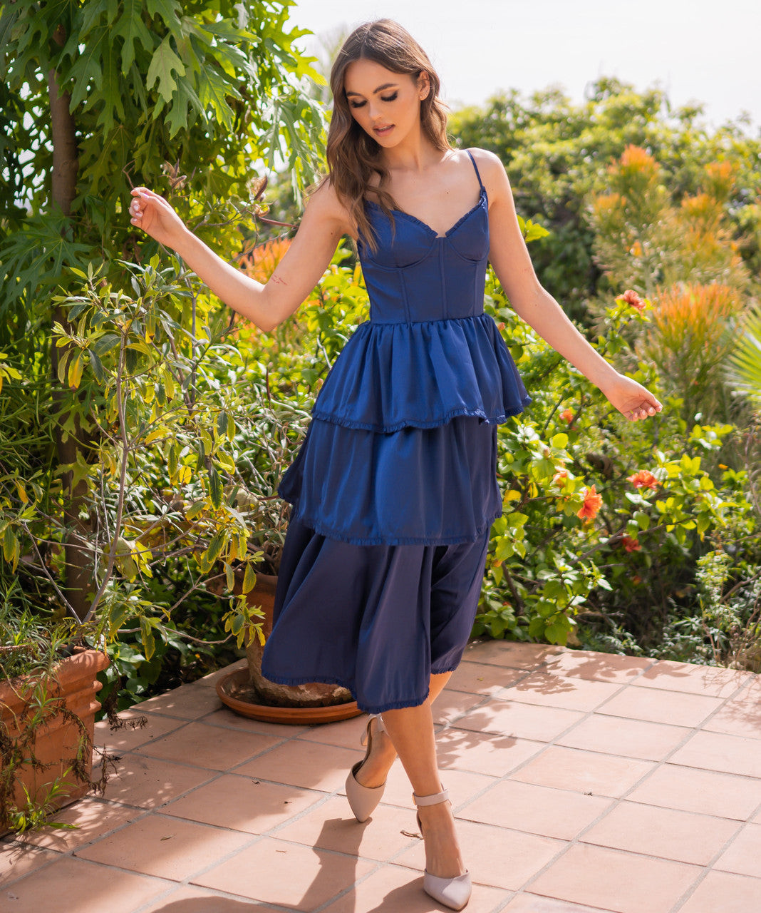 The Maeve Lace-Up Corset Tiered Slit Skirt Midi Dress (Navy)