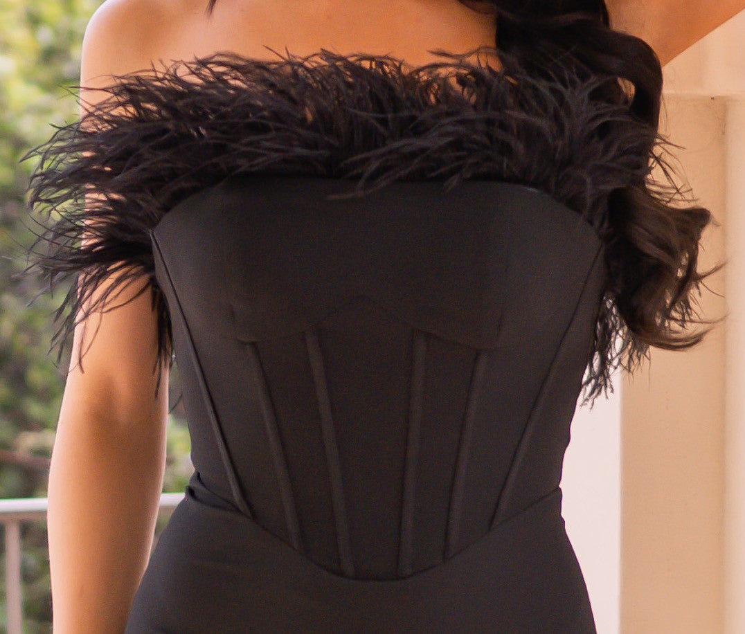 Sloane Feather Boa Corset Bodice Slit Detail Gown (Black)