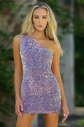 Aria One Shoulder Sequin Cocktail Party Mini Dress (Lilac)