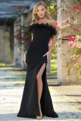 Sochi Slit Detail Feather Trim Vintage Style Gown (Black) - treasures-4-u-2-day
