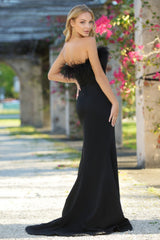 Sochi Slit Detail Feather Trim Vintage Style Gown (Black) - treasures-4-u-2-day