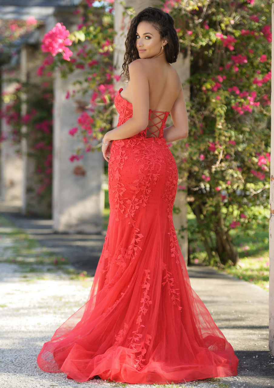 Reva Floral Applique Corset Bodice Jeweled Formal Gown (Red)