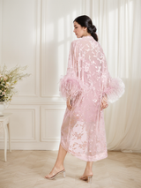 Luxurious Sequin Embroidered Lace Ostrich Feather Robe Set – Blush Pink Elegance