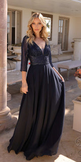 Nox Anabel MF101 Long V-Neck Embellished Bodice 3/4 Sleeve A-line Gown