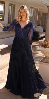 Nox Anabel MF102 Long Applique 3/4 Sleeve Pleated A-line Glitter Gown