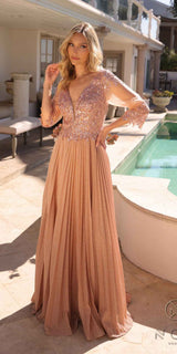 Nox Anabel MF102 Long Applique 3/4 Sleeve Pleated A-line Glitter Gown