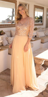 Nox Anabel MF103 Long Sequin Bodice 3/4 Sleeve A-line Gown