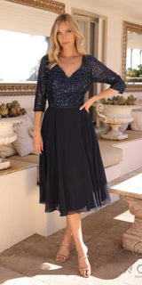 Nox Anabel MF104 Tea Length Sequin Bodice Short 3/4 Sleeve Dress