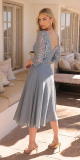Nox Anabel MF104 Tea Length Sequin Bodice Short 3/4 Sleeve Dress