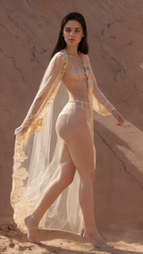 Golden Nude Sheer Lace Long Robe | Luxury Boudoir & Bridal Photoshoot Gown