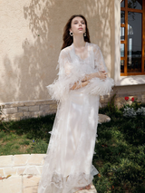 Ostrich Feather Sequin 3D Floral Lace Long Robe with Sequin Nightgown Set