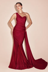 Ladivine PT004 Long Chic One Shoulder Stretch Satin Side Sash Gown