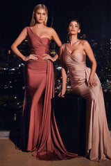 Ladivine PT004 Long Chic One Shoulder Stretch Satin Side Sash Gown