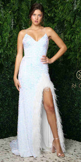Nox Anabel R1059 Plunging Neckline Fitted Bodice Velvet Sequin Feather