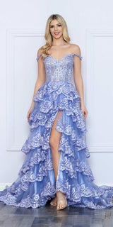 Nox Anabel R1299 Long Off the Shoulder Tiered Skirt A-Line Formal Gown