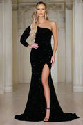 The Rita Single Long Sleeve Slit Detail Formal Gown (Black)