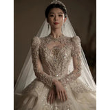 Luxury Wedding Gown with Shiny High Neck Beads