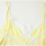 Yellow Satin Lace Splicing Sling Dress Women Elegant Irregular Hem V Neck Backless Sleeveless Gown Chic Women Party Club Vestido